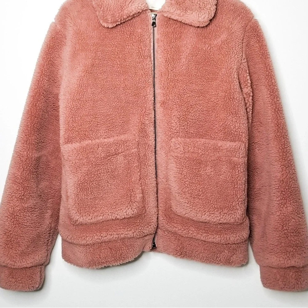 Anthropologie Elodie Pink Teddy Faux Fur Sherpa Shearling Jacket w/ Pockets - Picture 6 of 9